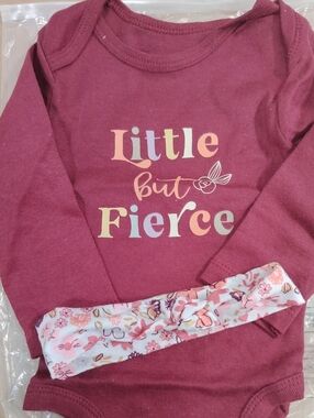 Little But Fierce Burgundy Baby Bodysuit with Floral Headband. This is a bundle